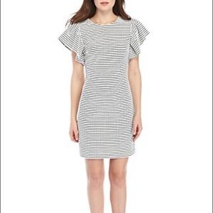 Calvin Klein Textured Striped Polka Dot Ruffle Sleeve Dress White Black Size 6